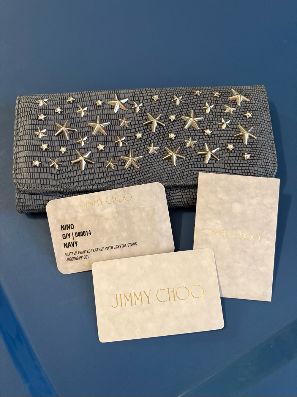 Jimmy Choo Nino Wallet Navy Star Studded Lizard Embossed Leather Hard To Find
